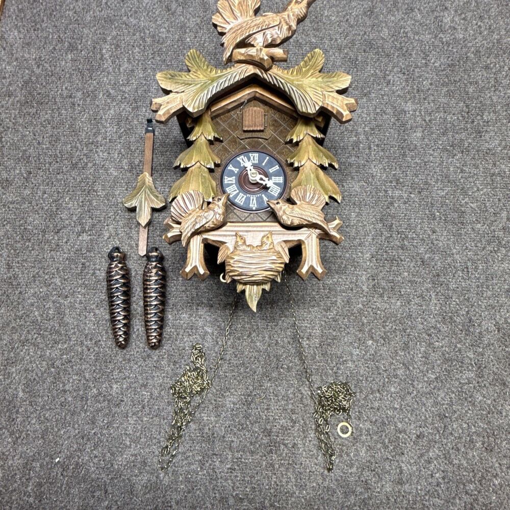 Vintage German Black Forest Birds 12" Cuckoo Clock Complete Working Handcarved